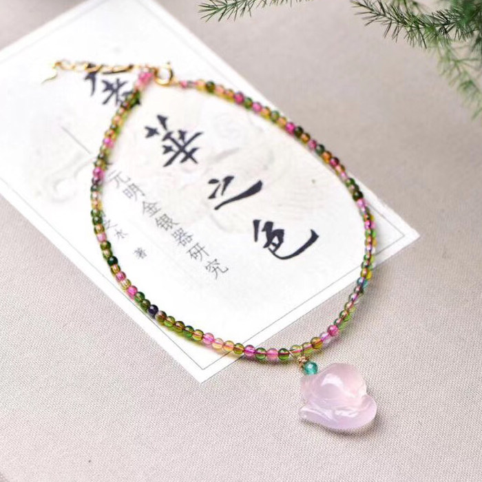 天然水晶碧玺脚链 天然粉水晶狐狸脚链 冰粉萌狐脚链 粉晶脚链