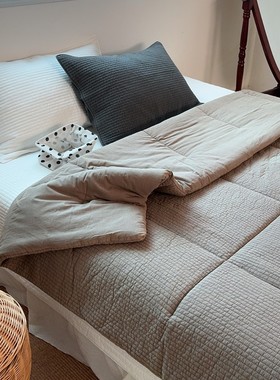 韩国砂洗全棉直条绗缝面包被ins博主春秋一体被可机洗免被套软糯