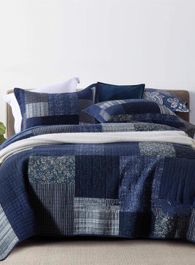 外贸原单美式风格全棉手工拼布绗缝被大气床盖空调被装饰被三件套