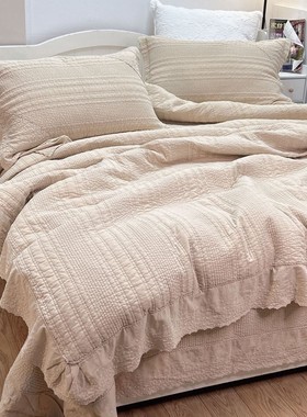 高端韩国砂洗纯棉床盖三件套四件套夹棉床单绗缝被套四季通用床品