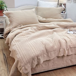 高端韩国砂洗纯棉床盖三件套四件套夹棉床单绗缝被套四季通用床品