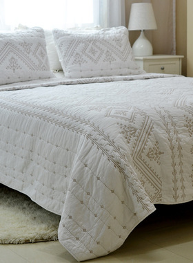 外贸出口美式床盖绗缝被三件套欧式纯棉床罩床单白色刺绣纯色双人