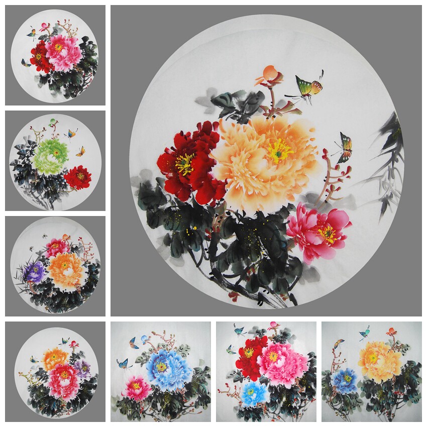 特价纯手绘斗方国画花鸟画圆形牡丹花开富贵客厅装饰字画中式画