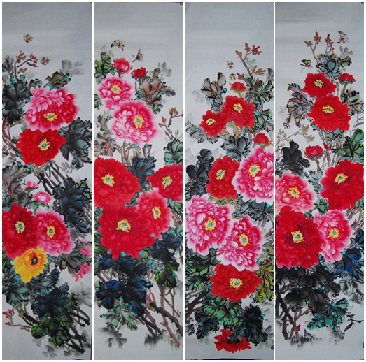 特价纯手绘国画花鸟字画四尺条屏牡丹画客厅中式装饰画心写意虾