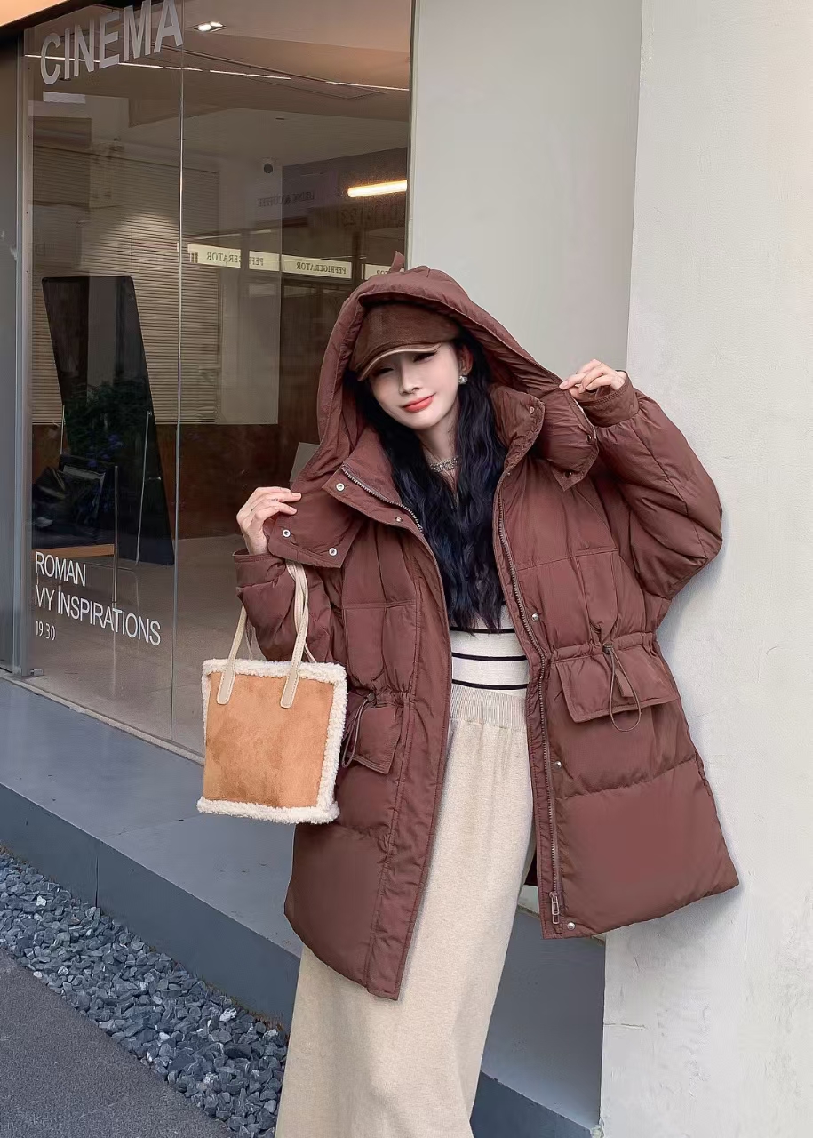 高端新国标90白鸭绒羽绒服女连帽收腰显瘦加厚宽松版保暖中长外套