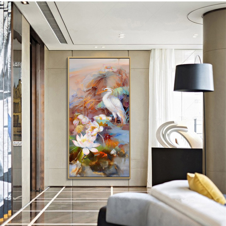 手绘油画花鸟睡莲荷花图餐厅客厅墙画走廊装饰画卧室壁画玄关挂画