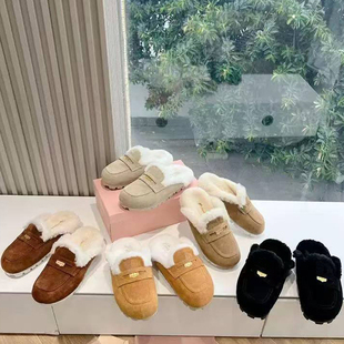 ins穆勒鞋 miu家金币保暖毛毛包头拖鞋 羊羔毛厚底毛拖鞋 高版 女新款