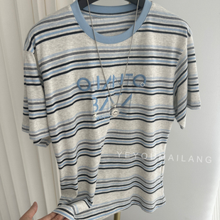 海盐手札蓝白条纹刺绣手缝贝壳圆领短袖T恤女夏