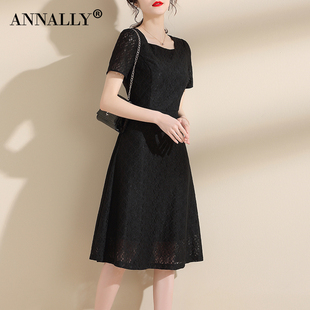 优雅气质修身 显瘦黑色蕾丝中长款 新款 Annally夏季 大摆连衣裙