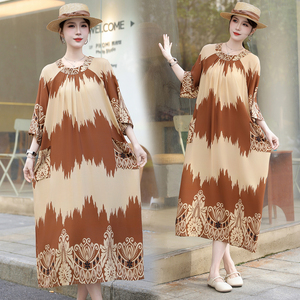 2026新款中老年棉绸连衣裙女夏季女装高贵过膝中年妈妈大摆长裙子