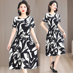 妈妈夏装 棉绸连衣裙40岁50中年女士人造棉长裙中老年绵绸碎花裙子