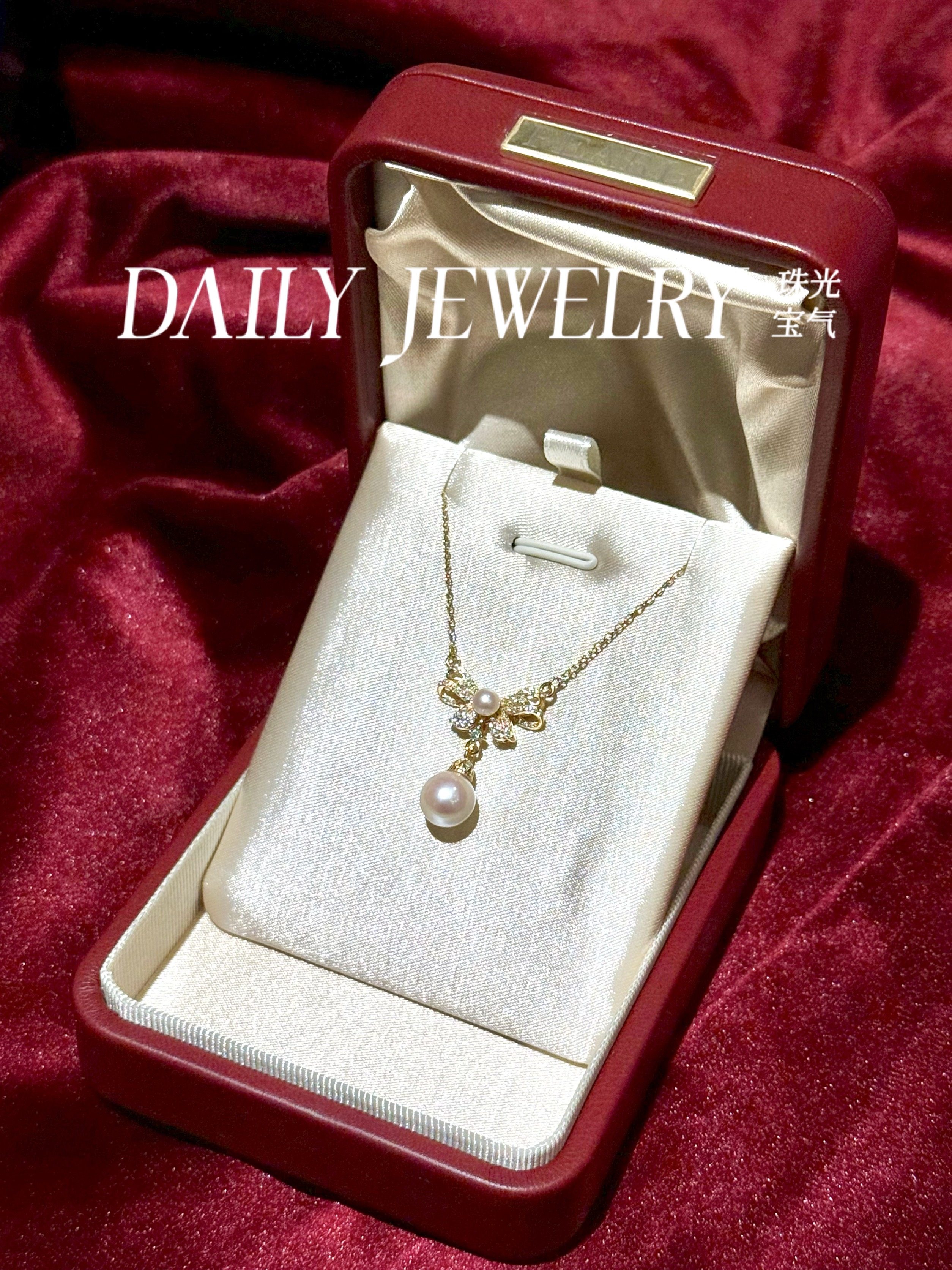 复古宫廷风羽翼蝴蝶结天然海水4-5+7-8mmAkoya小灯泡珍珠套链项链