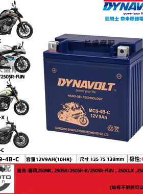 MG9-4B-C春风250NK 250SR FUN 250CLC/CLX 猛狮电瓶12V9AH蓄电池