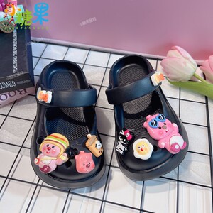 女童黑色玛丽珍洞洞鞋轻便软底防滑可外穿儿童一体拖鞋女款沙滩鞋