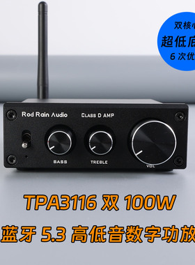 罗德雨TPA3116 2.0数字功放机 家用桌面100W*2红环电感 蓝牙5.3