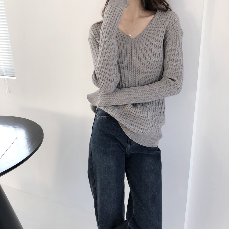 包邮！589#秋冬款 厚实百搭宽松中长款弹力麻花V领毛衣 0.44KG