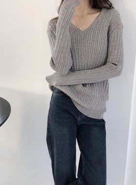 包邮！589#秋冬款 厚实百搭宽松中长款弹力麻花V领毛衣 0.44KG