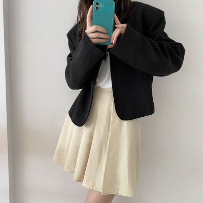 高腰拉链纯色百褶半身裙