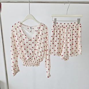 松紧腰短裤 上衣 3件套 波点印花V领长袖 瑕疵处理