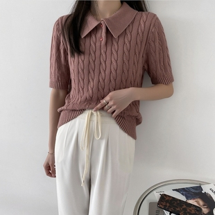 1011 老钱风正肩水洗纯棉做旧麻花翻领毛衣叠穿上衣0.35KG 高品质