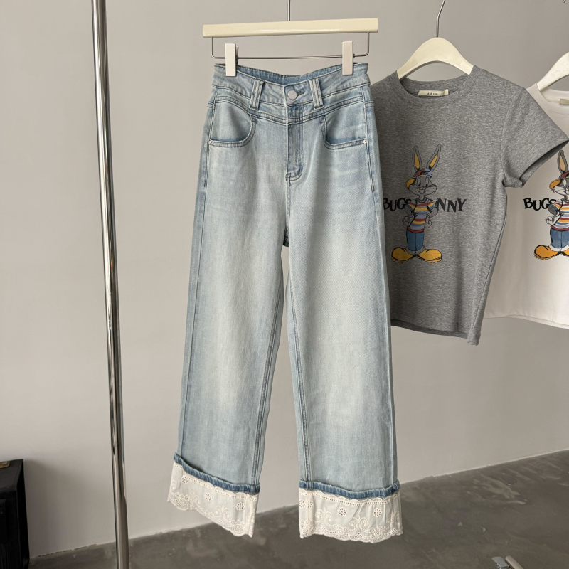 水洗做旧蕾丝拼接卷边直筒设计款