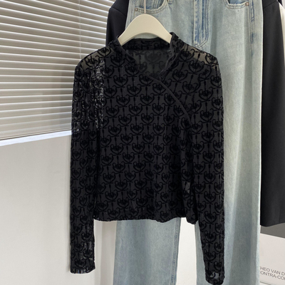 中式黑色镂空旗袍钩花长袖上衣