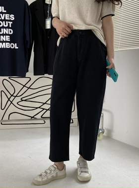 包邮！矮个友好系列~厚实黑色大口袋高腰牛仔裤0.67KG