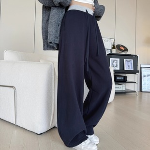 奥粒绒撞色罗纹腰卫裤宽松显瘦加绒松紧女运动裤阔腿裤高腰弯刀裤