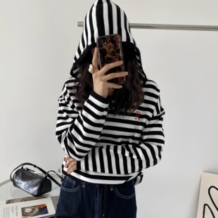 包邮！8571#美式撞色条纹复古刺绣宽松休闲连帽针织套头衫0.37KG