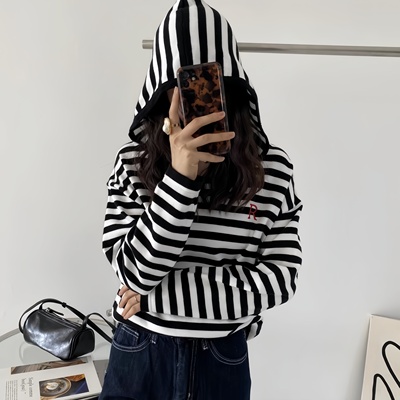 包邮！8571#美式撞色条纹复古刺绣宽松休闲连帽针织套头衫0.37KG