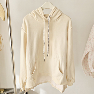 设计款~宽松百搭抽绳连帽加绒前短后长下摆开叉口袋卫衣