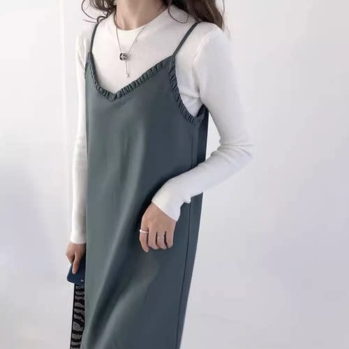 包邮！J208#大厂好货！褶皱边柔软质感PU叠穿吊带连衣裙0.37KG