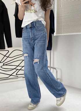 包邮！6758# Sofia破洞设计质感好货纽扣高腰直筒牛仔裤  0.6KG