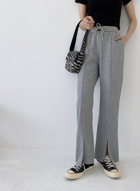 包邮！3276#松紧高腰抽绳卫裤设计开叉休闲裤阔腿裤   0.46KG