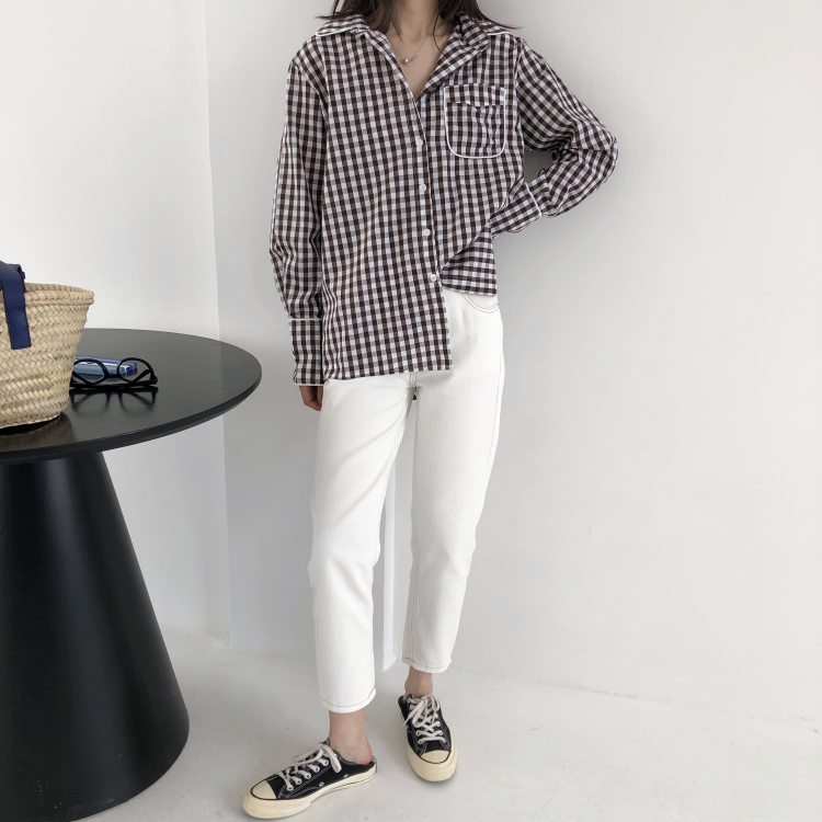极简风长袖包边格子衬衫