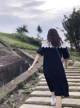 包邮！品质好货~J005#蕾丝钩花系带翻领宽松雪纺连衣裙  0.41KG