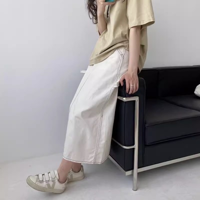 包邮！外贸 日单明线设计GRL纯棉高腰长款后开叉A字半身裙 0.34KG