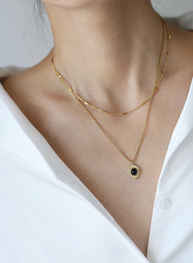 小众复古太阳花轻奢黑玛瑙天然石双层钛钢项链