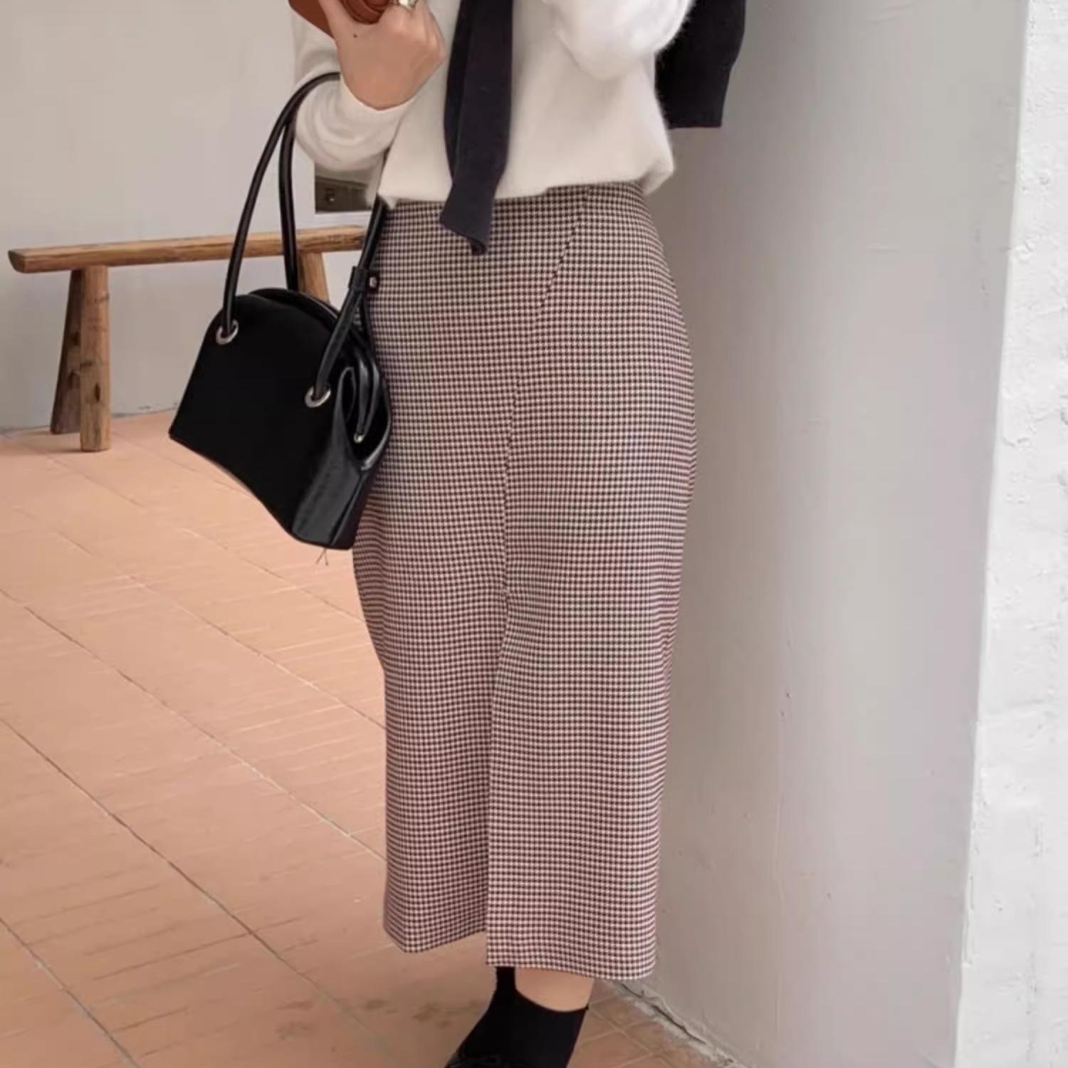 包邮！1981# 大厂好货！复古前开叉经典千鸟格高腰半身长裙 0.4KG
