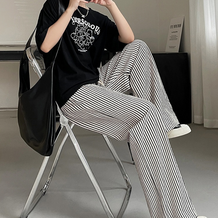 韩系复古设计感小众高腰宽松慵懒条纹阔腿裤休闲裤