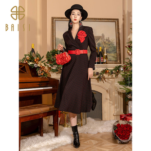 2026春季新品百丝赫本风轻职场波点连衣裙精致收腰A字百褶裙女