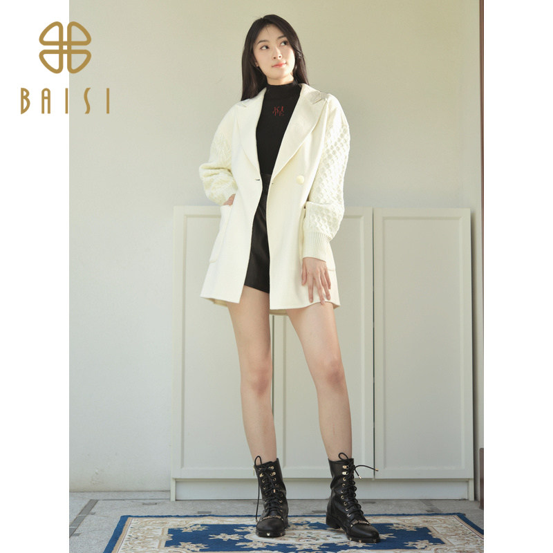 百丝韩版时尚保暖中长款外套2022百丝冬季新款宽松毛呢大衣女