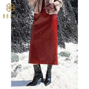 2025冬季 百丝街头感穿搭开叉中长裙知性优雅PU皮包臀半身裙女 新品