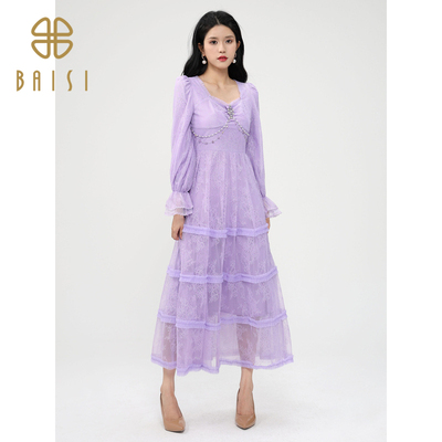 百丝时尚方领喇叭袖蛋糕裙2024冬季新品温柔风浪漫紫色连衣裙女