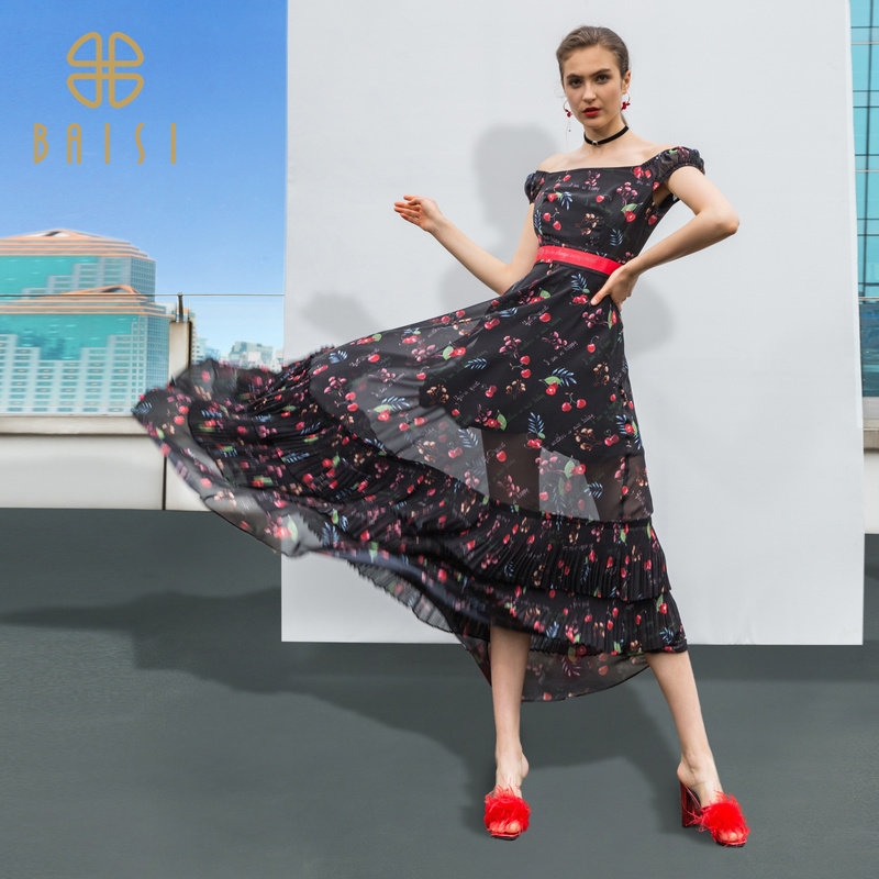 百丝女装连衣裙2019夏季新品时尚修身樱桃印花镂空连衣裙女