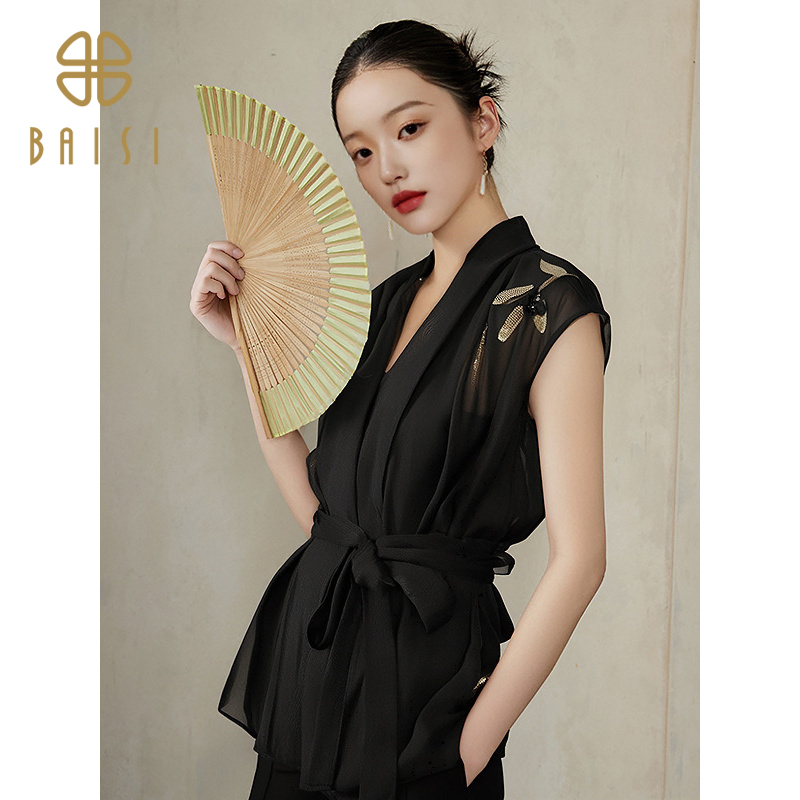 2025夏季新品百丝新中式薄纱上衣简约闪片气质马甲系腰带衬衫女