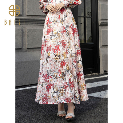 百丝2025秋季新品百丝高腰中长裙印花气质田园风复古雪纺半身裙女