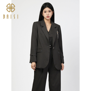 通勤时尚 百丝法式 新品 2024冬季 显瘦条纹外套女 气质优雅干练长袖