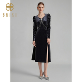 新品 百丝宫廷风V领礼服中长裙修身 时尚 2025秋季 开叉长袖 连衣裙女