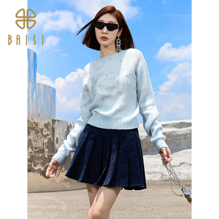 2025冬季新品百丝圆领针织上衣宽松休闲百搭减龄通勤长袖毛衣女